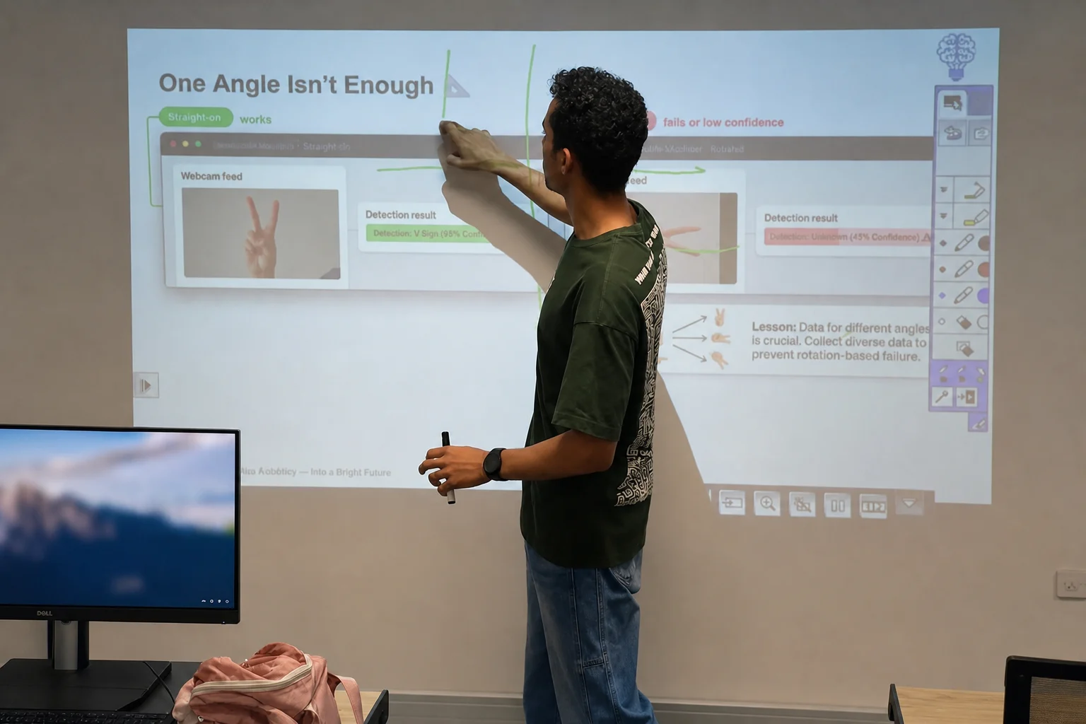 Instructor explaining an AI webcam model on a projected screen