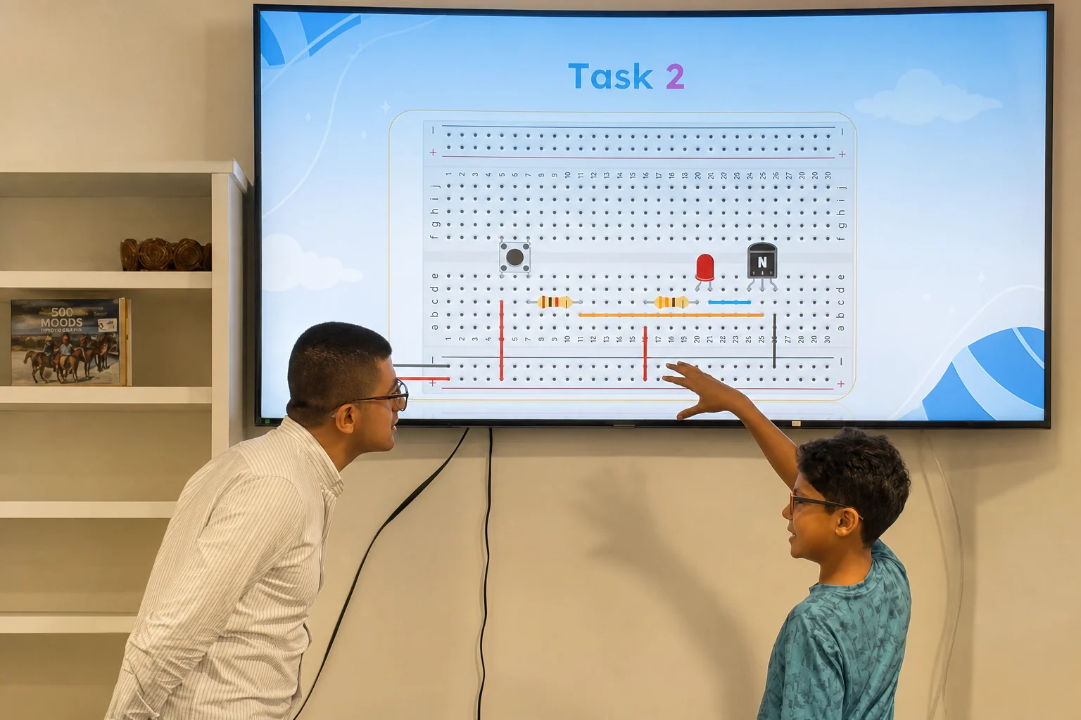 Student explaining a breadboard circuit to an instructor
