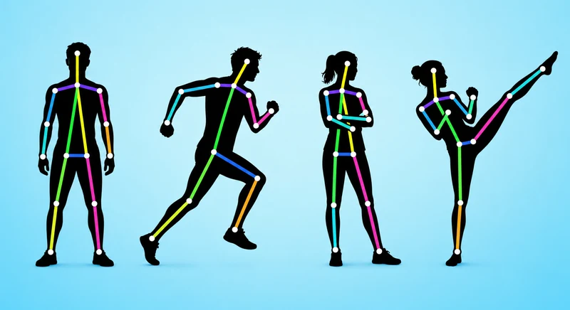 Four athletic silhouettes with colorful AI pose-estimation landmarks connecting their joints