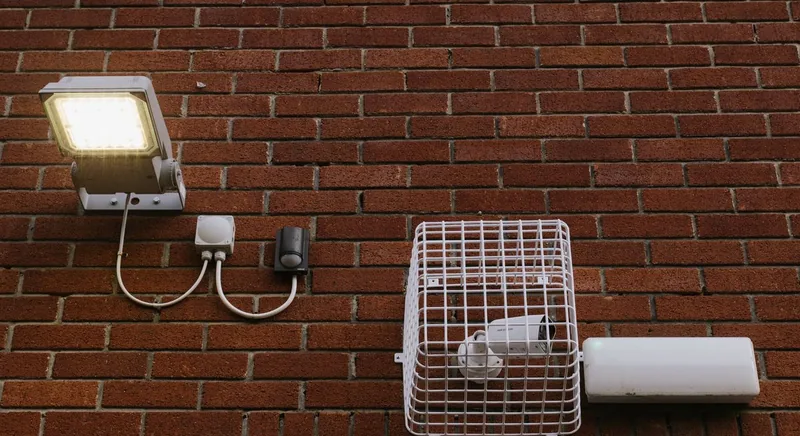PIR motion sensor and alert lamp mounted on a wall